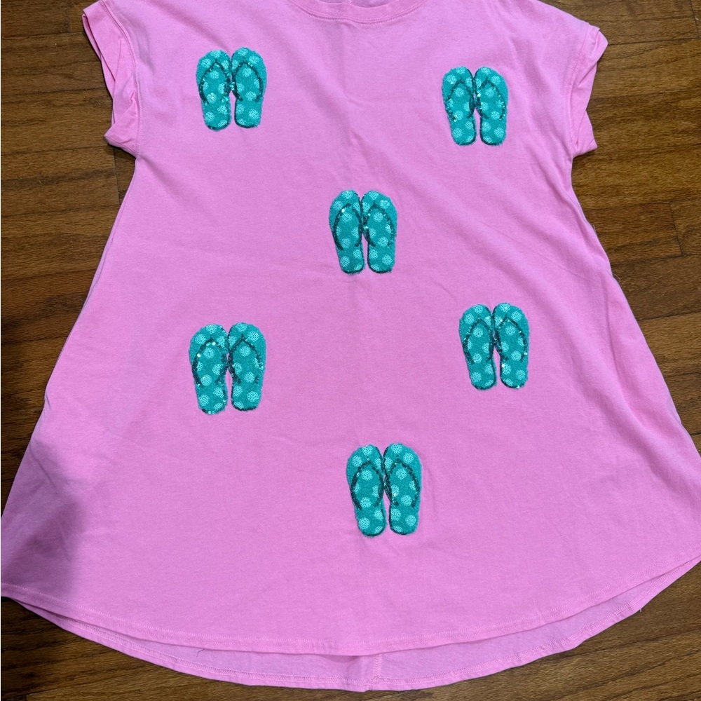 Bright Pink Jersey Boxy Dress with Teal Flip-Flop Print